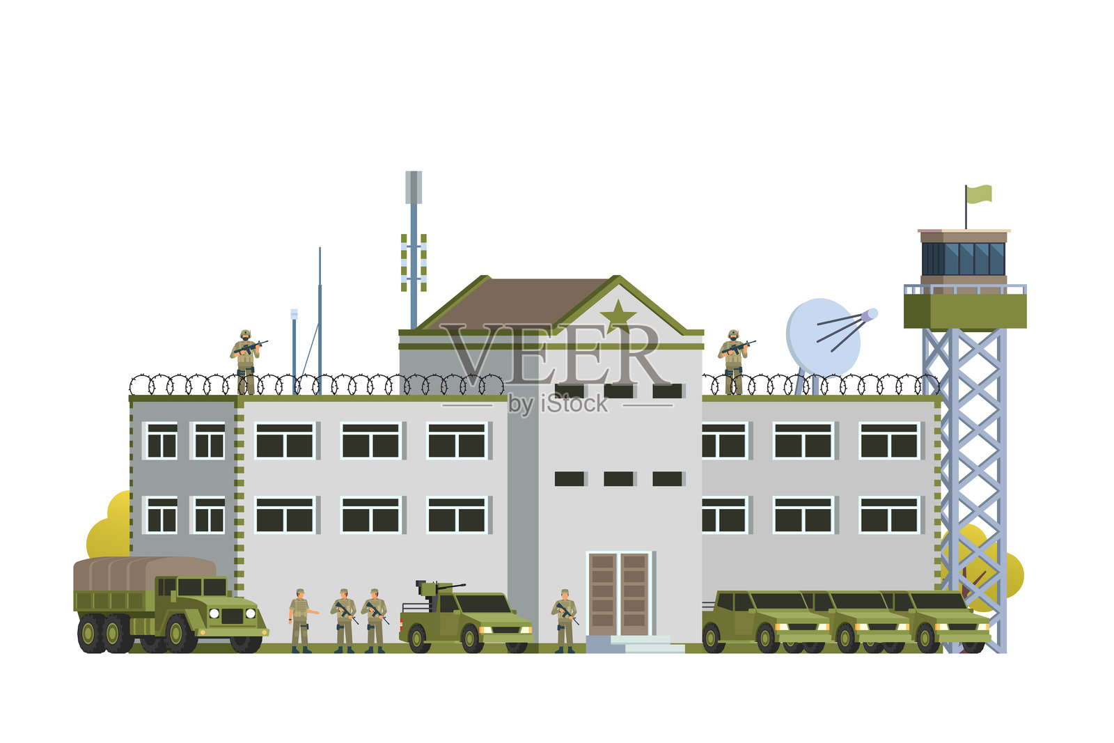 军事基地或堡垒建筑插图，矢量图。插画图片素材