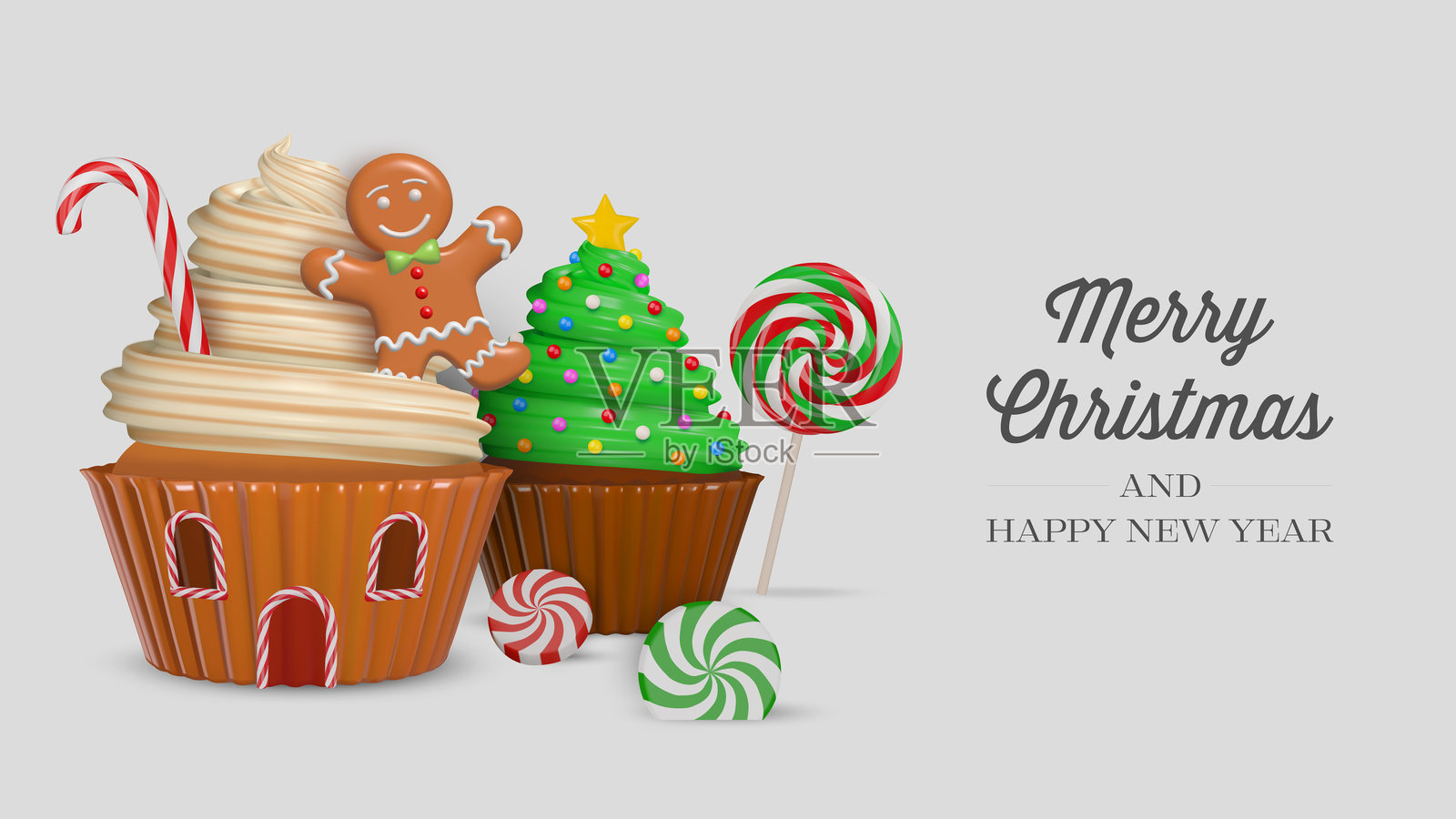 圣诞横幅，上面有糖果和甜点。背景是3D杯子蛋糕、姜饼人、薄荷糖和棒棒糖的圣诞场景。插画图片素材