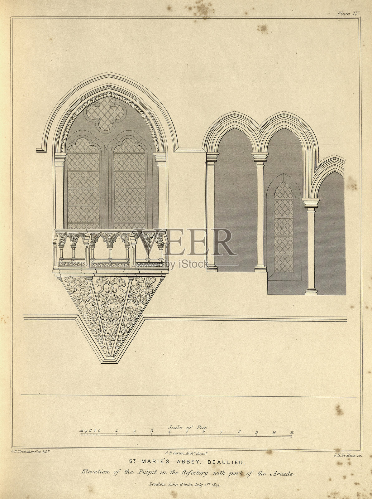 中世纪建筑的历史，圣玛丽修道院（Beaulieu, Hampshire）的讲道坛、餐厅和拱廊的古老复古平面图，位于英格兰汉普郡的一个西多会修道院，成立于1203-1204年。插画图片素材
