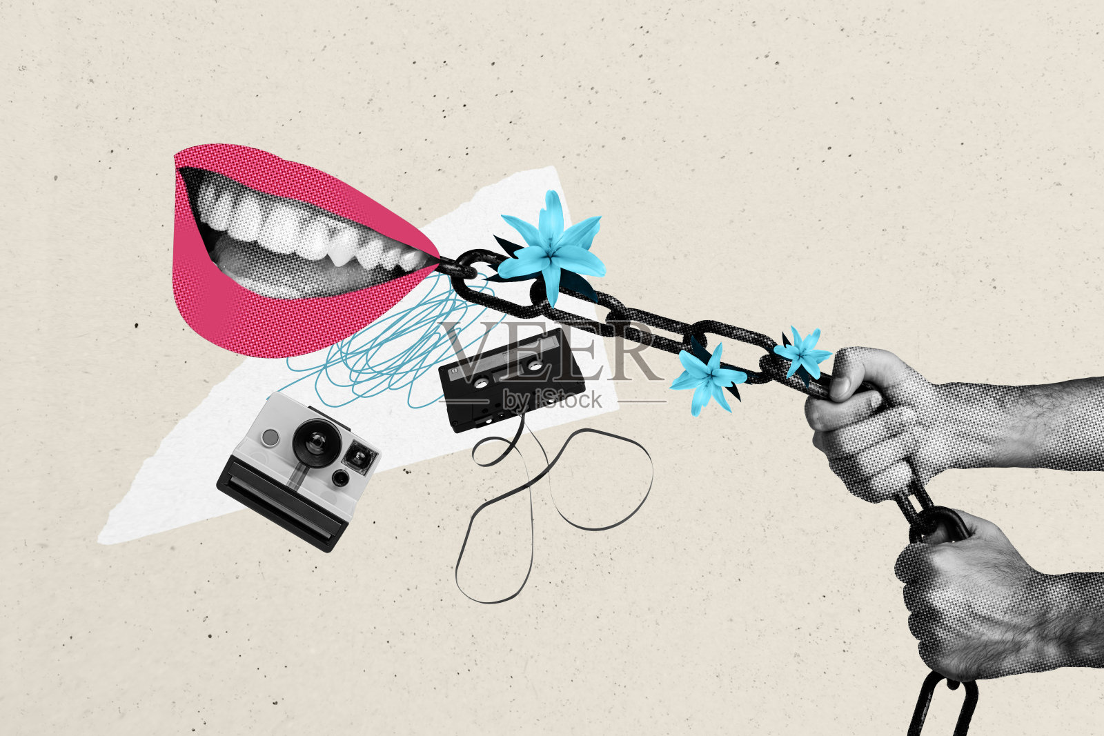 复合照片拼贴，手拉链花朵绽放，面无表情的微笑，欺凌，复古卡带相机，孤立在涂鸦背景上。照片摄影图片