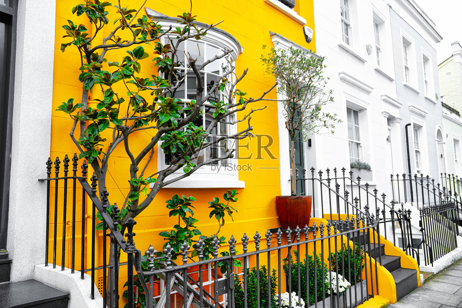 诺丁山的希尔盖特村，希尔盖特广场，肯辛顿和切尔西，伦敦，英国的房屋外观照片摄影图片