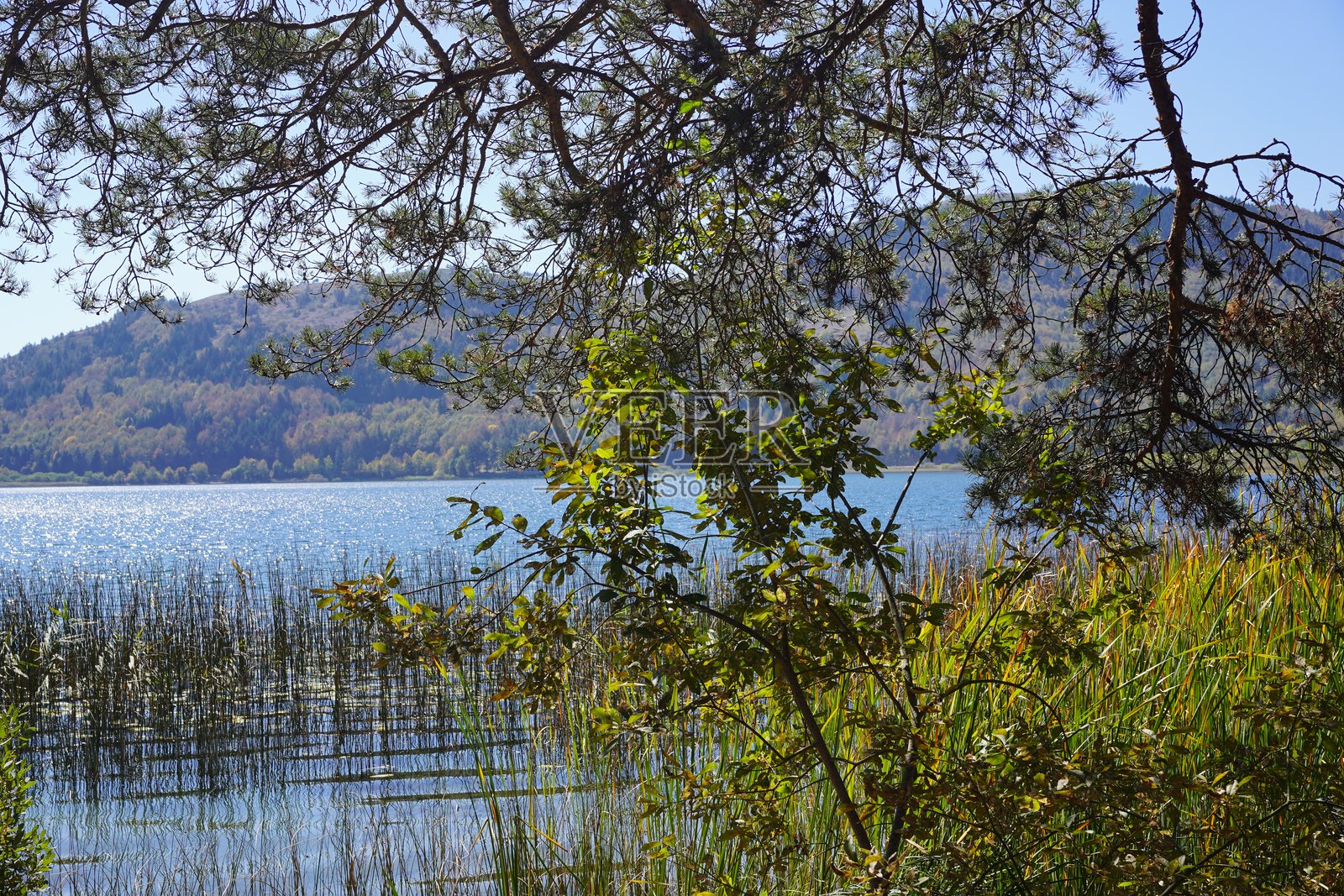 湖泊和山景，蓝色的湖泊和蓝色的天空。照片摄影图片