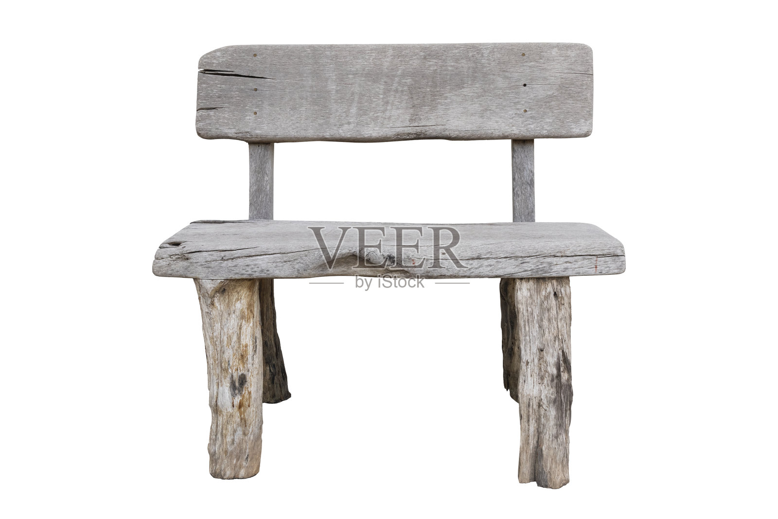 正面视图的灰色木制长椅，带靠背，孤立在白色背景上照片摄影图片