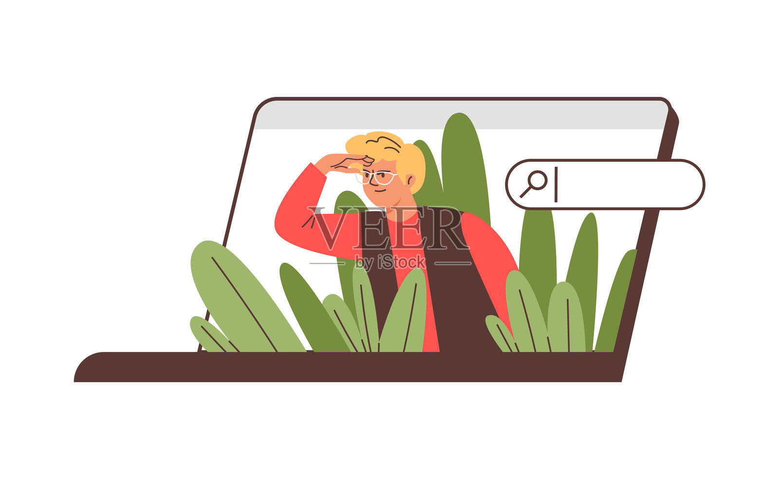 年轻男子从笔记本电脑中探出头，远望远方的矢量插图插画图片素材