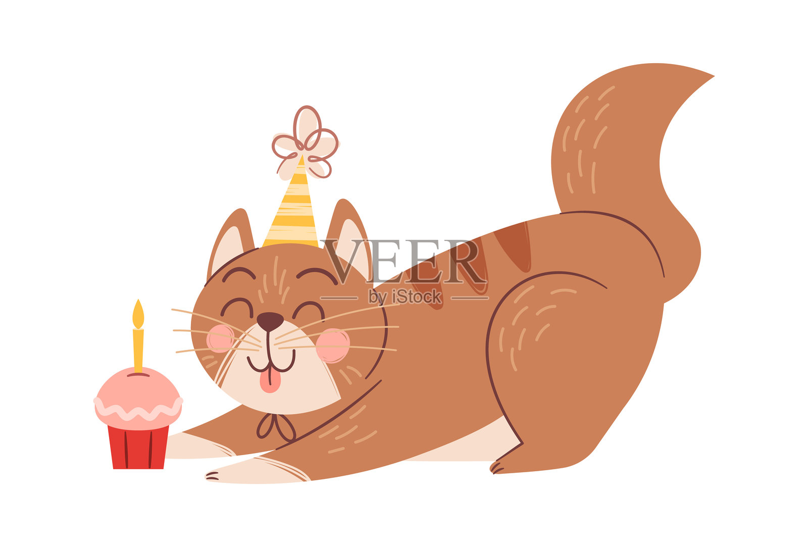 可爱的猫咪在吃生日杯子蛋糕插画图片素材