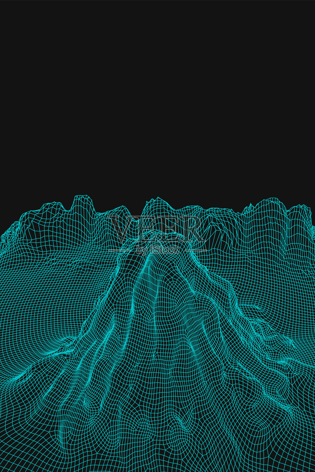 蓝色抽象矢量线框景观背景。3D未来感网格山脉。80年代复古插图。网络空间科技山谷。插画图片素材