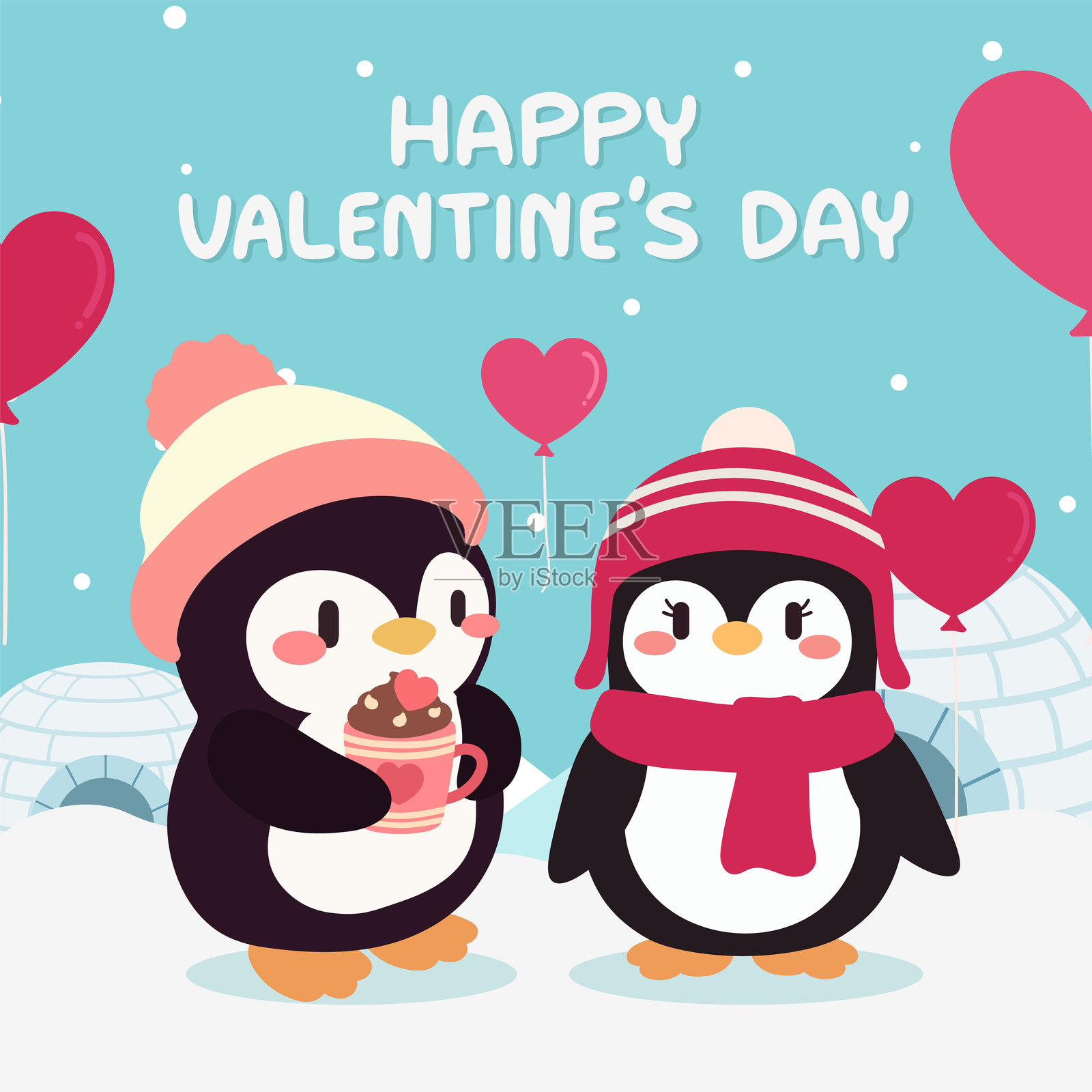 可爱的情人节企鹅与气球和冰屋。插画图片素材