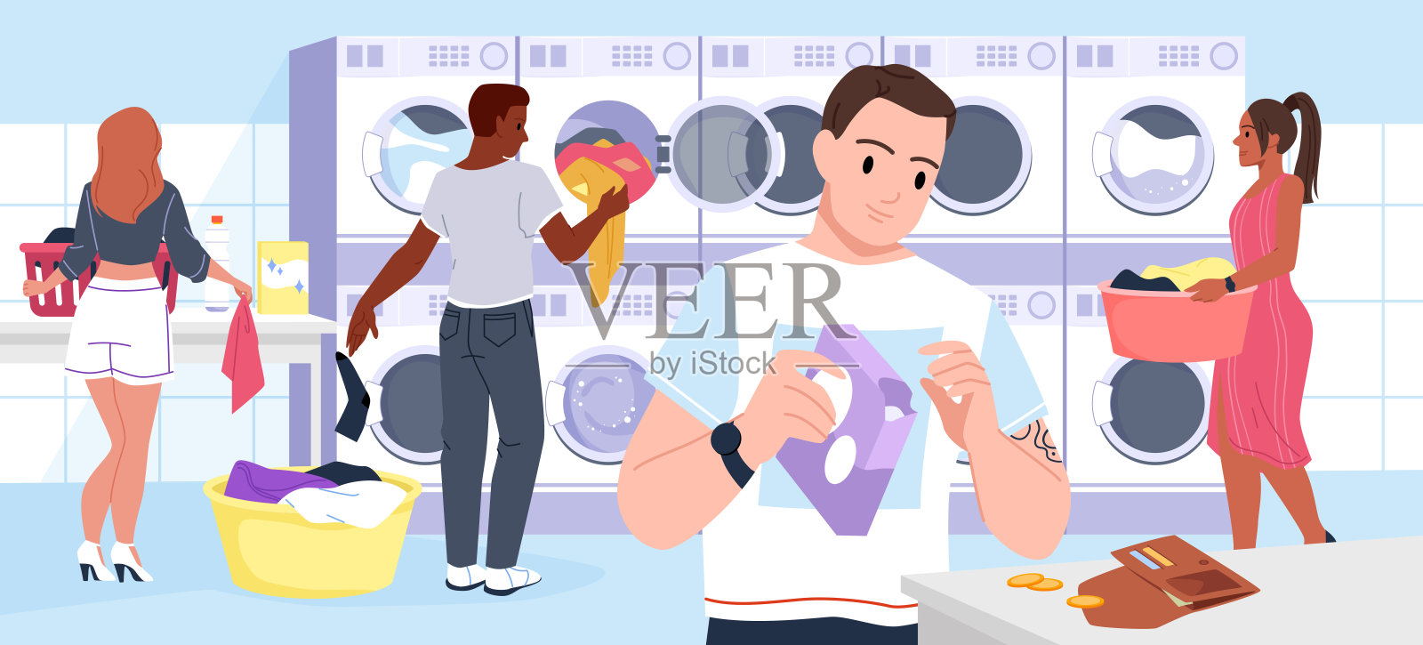 人们在公共洗衣店洗脏衣服。卡通风格的男女在自助洗衣店使用自动洗衣机和烘干机，洗衣店里有女性和男性顾客。插画图片素材