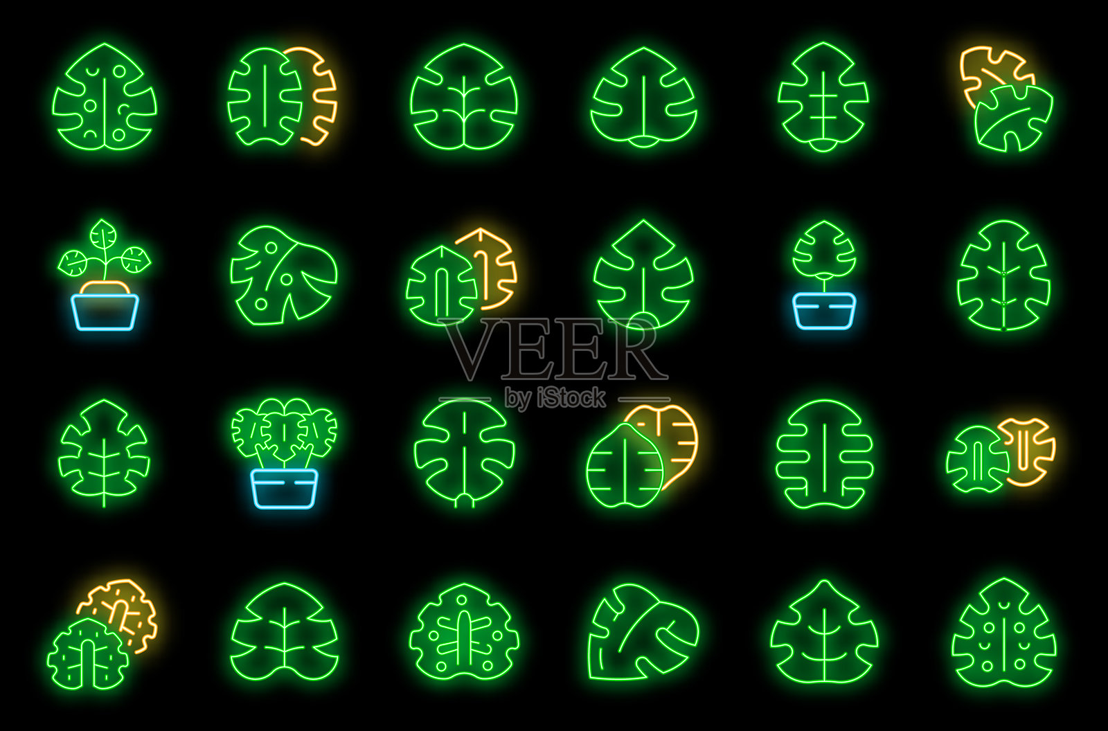 怪兽植物图标集矢量霓虹灯插画图片素材