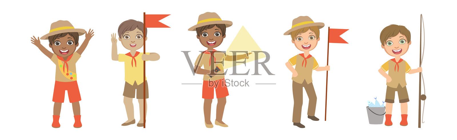 快乐的童子军角色穿着卡其色制服的矢量图集插画图片素材