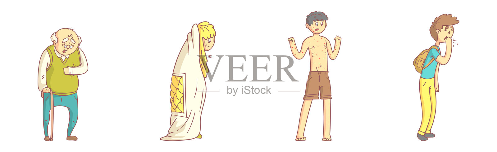 生病的人物角色表现出疾病症状的矢量图集插画图片素材