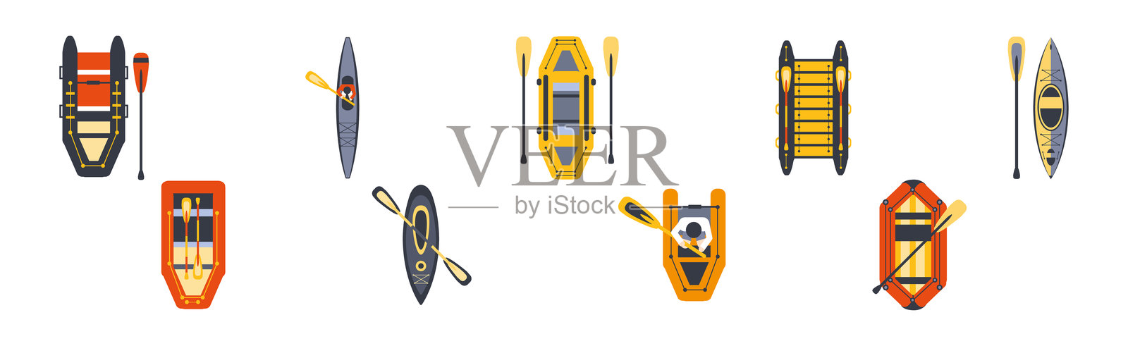 筏子和皮划艇活动与船只和桨的矢量图集插画图片素材