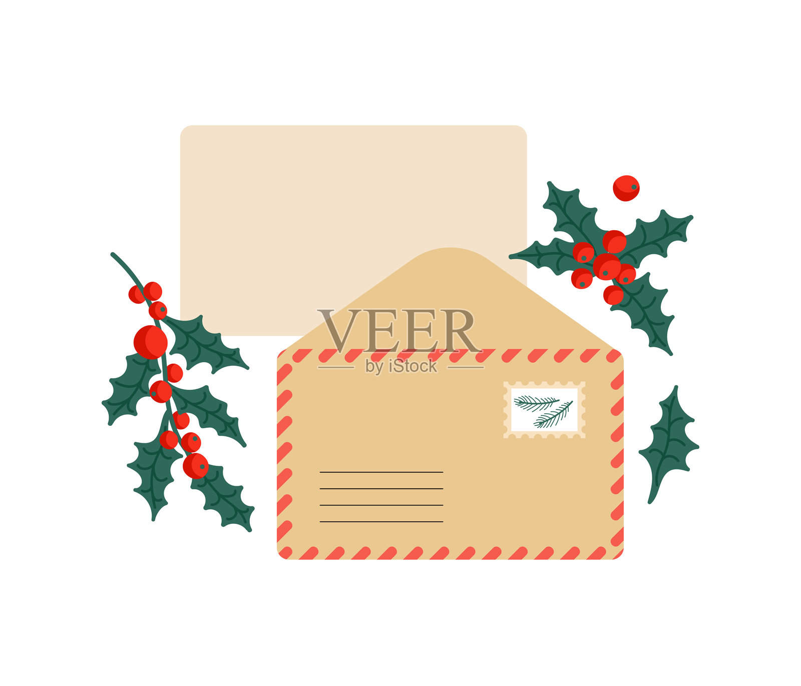 节日设计的信封和空白卡片，周围环绕着冬青和浆果，营造出节日氛围插画图片素材