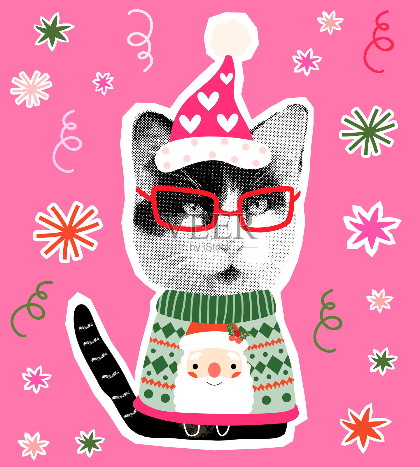 有趣的黑白半色调拼贴矢量猫与圣诞老人和丑陋的圣诞毛衣，节日贺卡插画图片素材