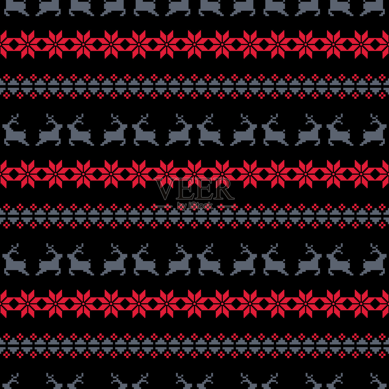 圣诞毛衣图案设计，无缝像素艺术背景。北欧风格，黑色背景上有驯鹿、雪花、星星、冬青浆果和树木的排列，配有红色和灰色的针织细节。插画图片素材