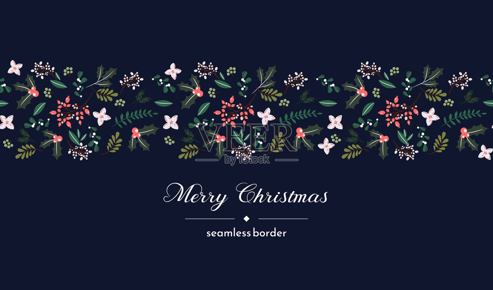 圣诞快乐和节日快乐卡片模板，带有新年花卉、浆果、树枝和叶子元素，蓝色背景设计。节日现代通用艺术矢量横向模板插画图片素材