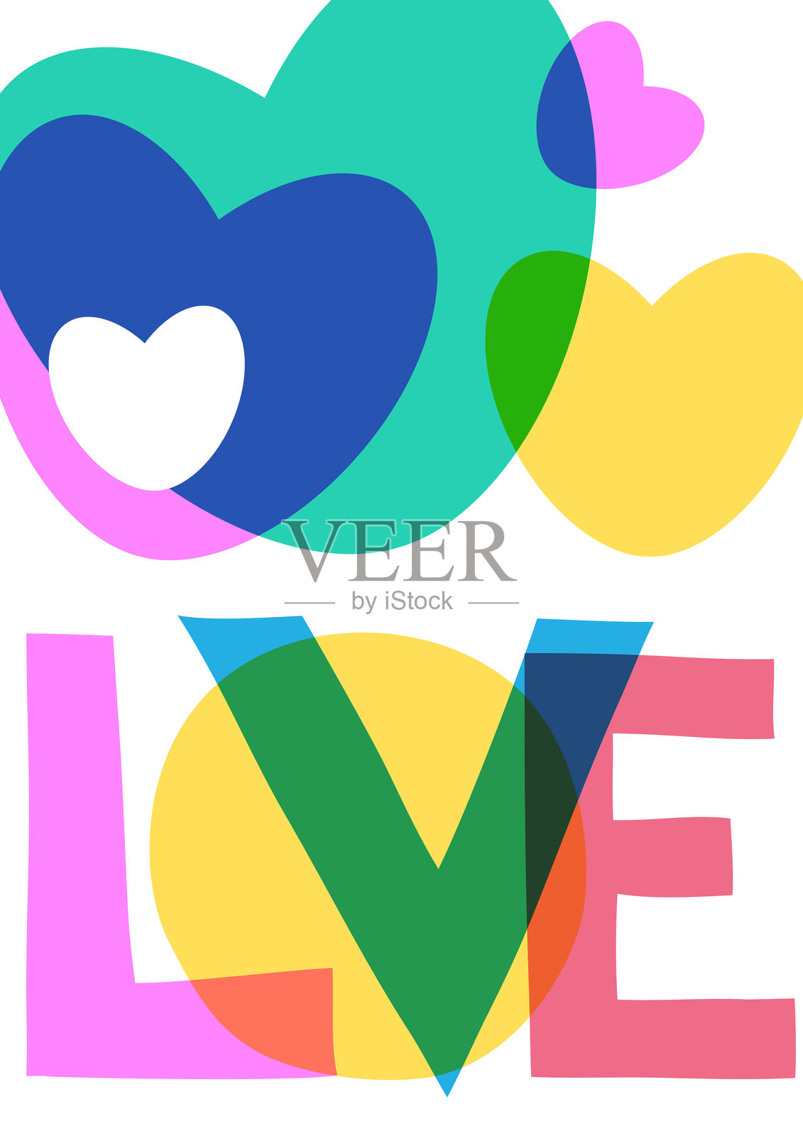 多彩心形和重叠的“爱”字样海报，带有丝网印刷效果。适用于情人节、婚礼祝贺或爱情卡片。插画图片素材