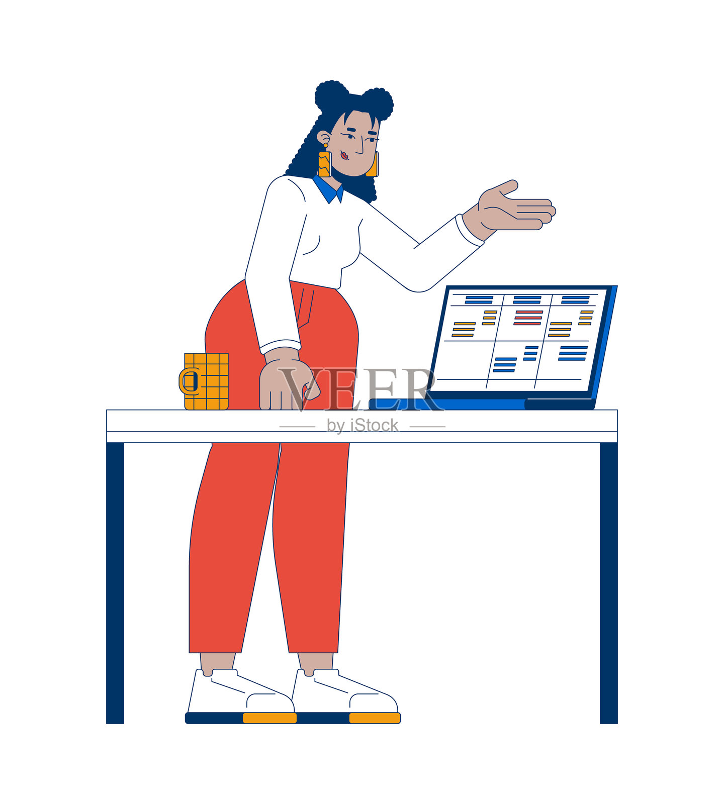 商务休闲的拉丁裔办公室工作人员在笔记本电脑上解释数据表的2D卡通角色插画图片素材