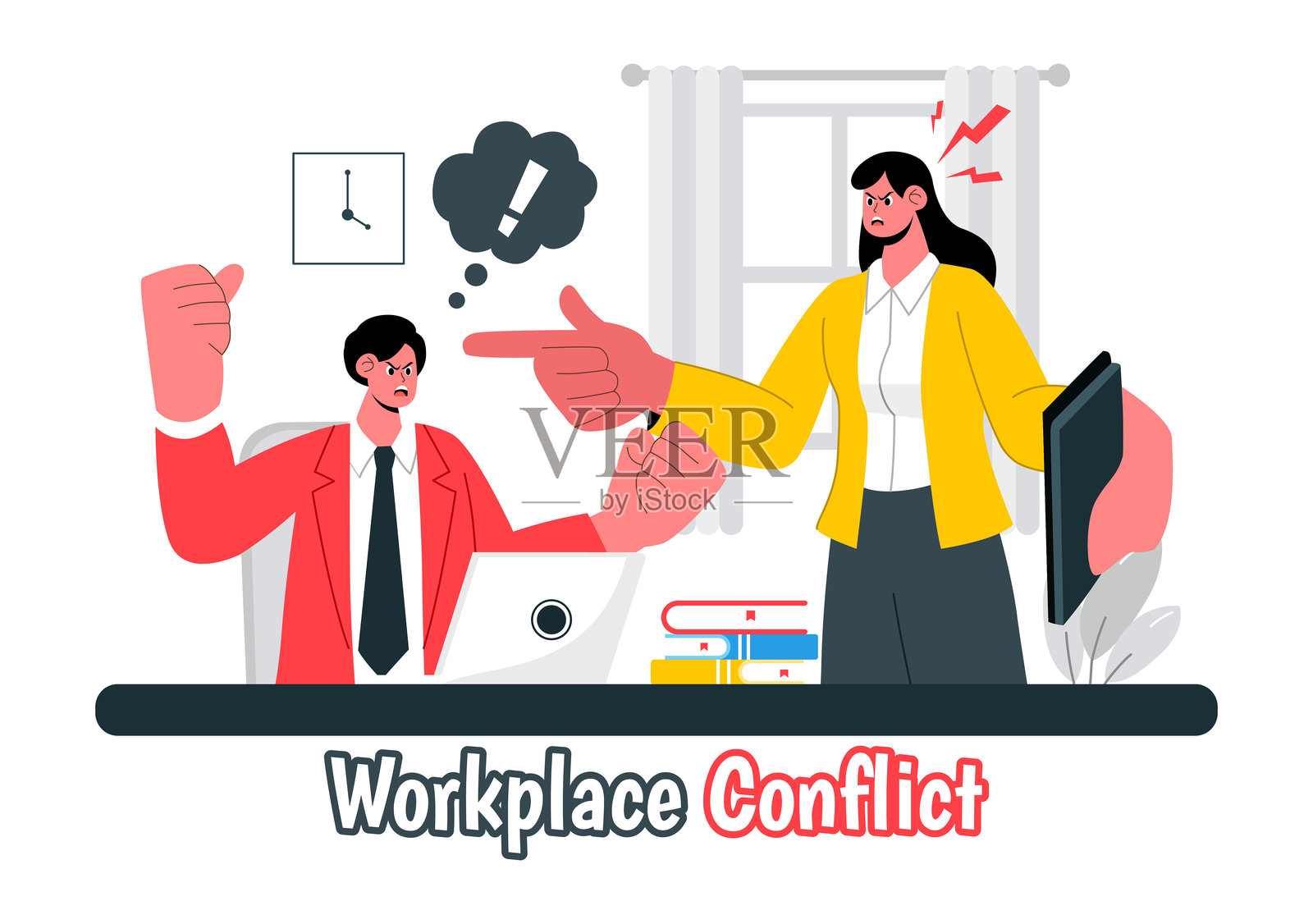 办公室冲突插图，展示争吵的同事在讨论商业问题和团队合作困难时发生争执。插画图片素材