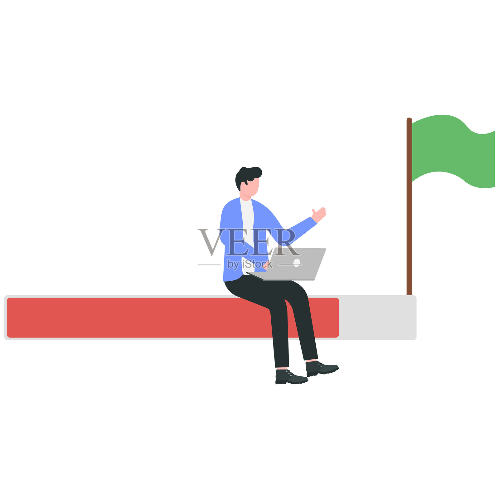 用于项目规划、任务管理和执行工作流程以实现商业成功概念的甘特图。商人在项目甘特图的最后一条横杆上坐着，使用笔记本电脑工作。插画图片素材