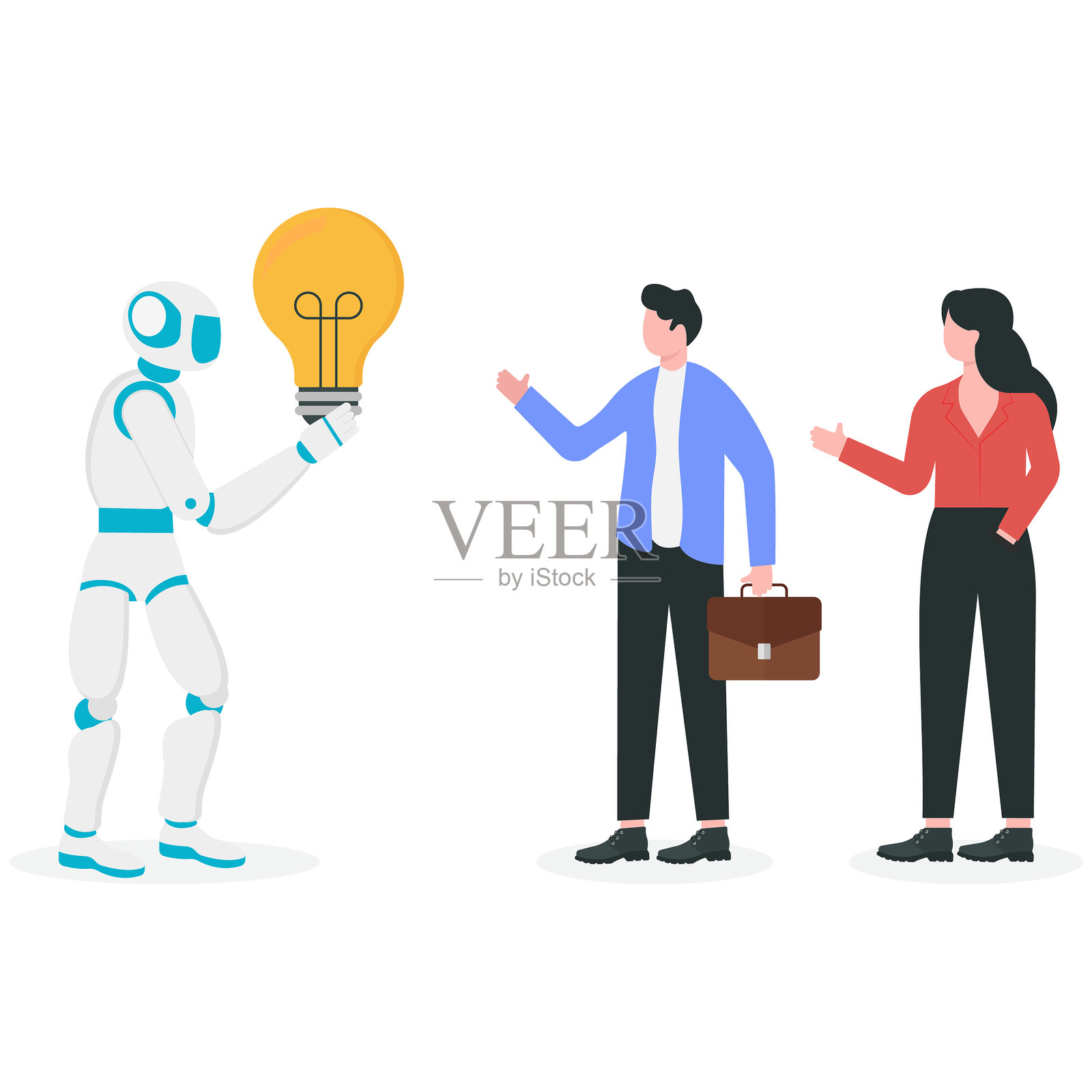 机器学习、人工智能帮助企业进行数据分析和提供知识，工作概念的自动化系统，机器人手向商业人士展示创意灯泡。插画图片素材