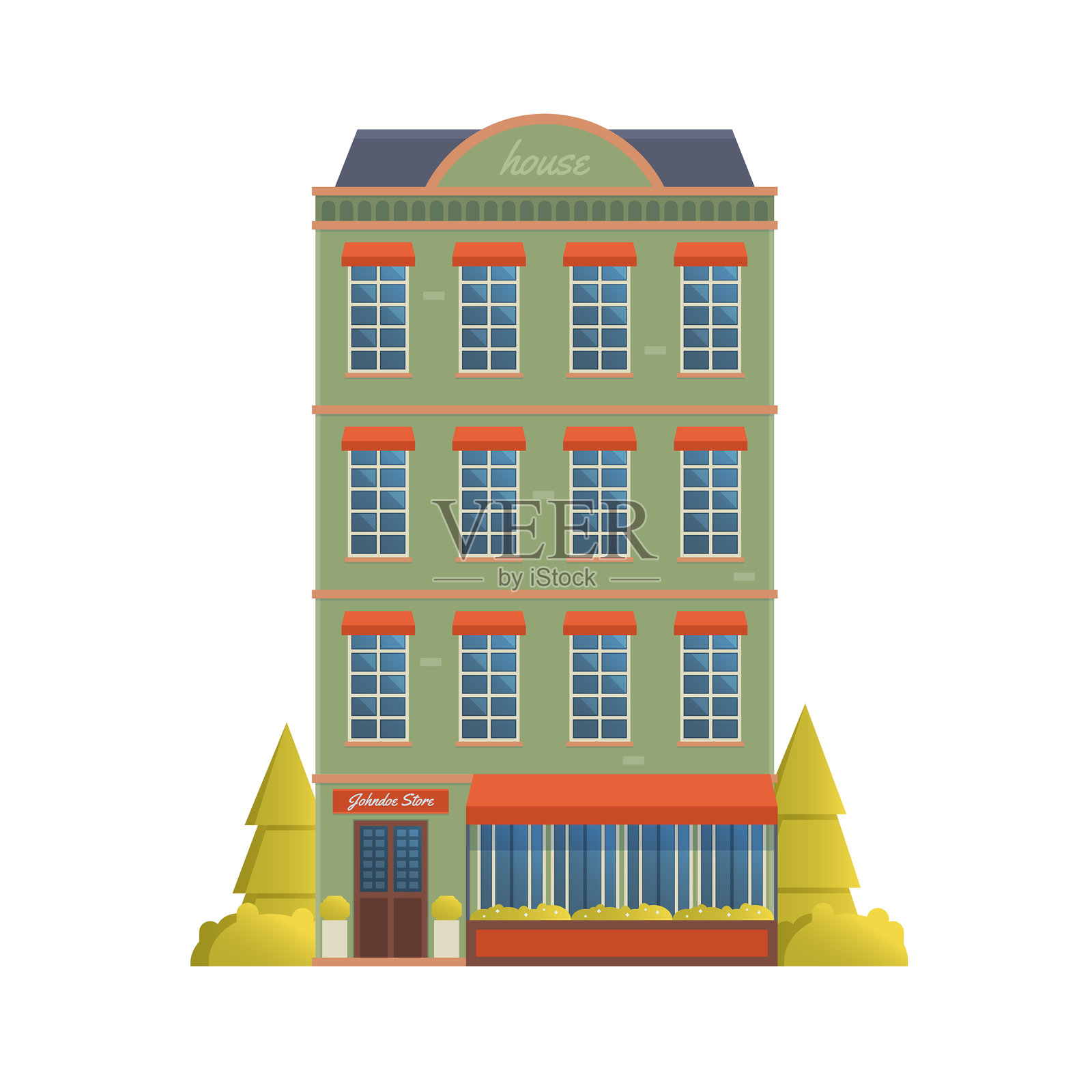 联排别墅建筑插图。矢量图，正面视图。插画图片素材