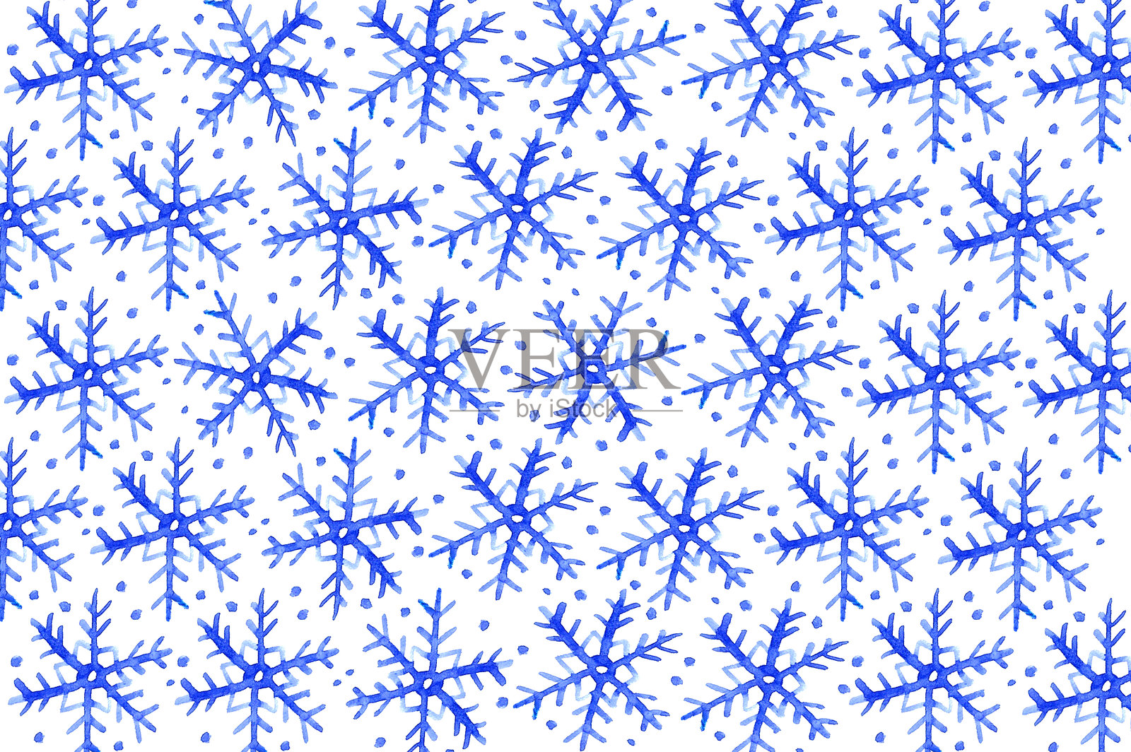 白色背景上的蓝色雪花图案。水彩画。插画图片素材