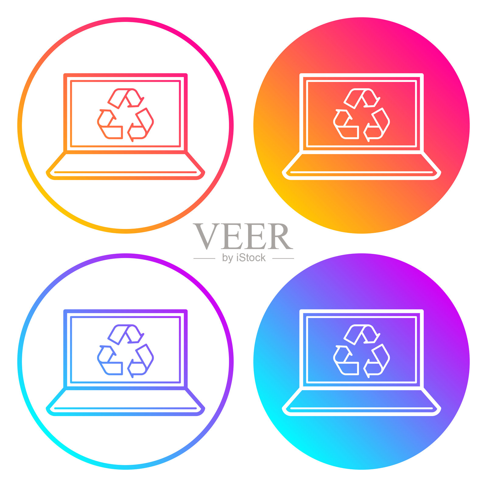带有回收标志的笔记本电脑。带有颜色渐变的圆形图标插画图片素材