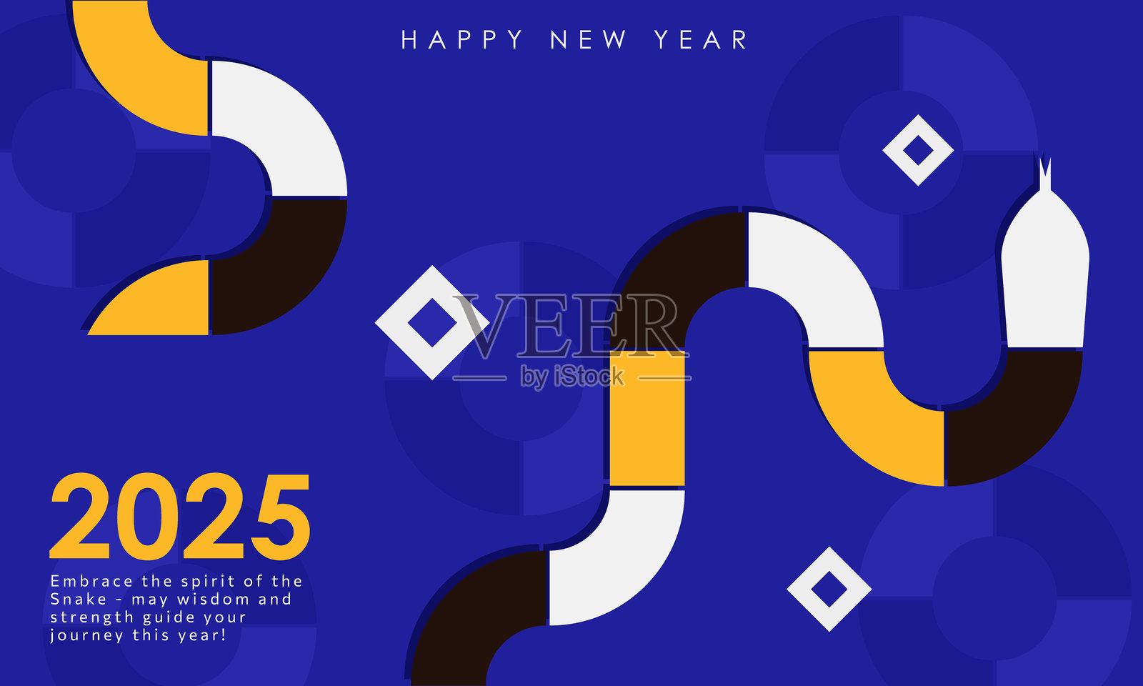 2025年蛇年时尚贺卡，带有盘绕的几何蛇图案插画图片素材
