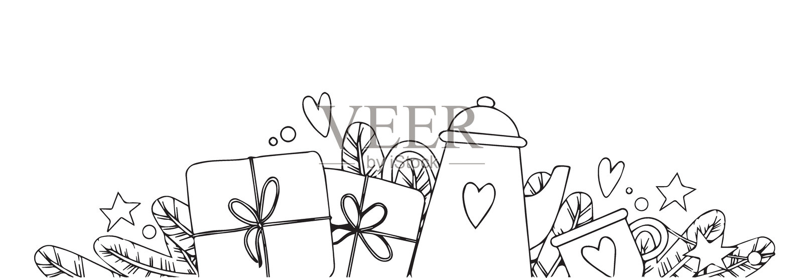 新年装饰，矢量边框，框架。圣诞树枝、礼物和红色茶壶。新年节日构图。涂色书。插画图片素材