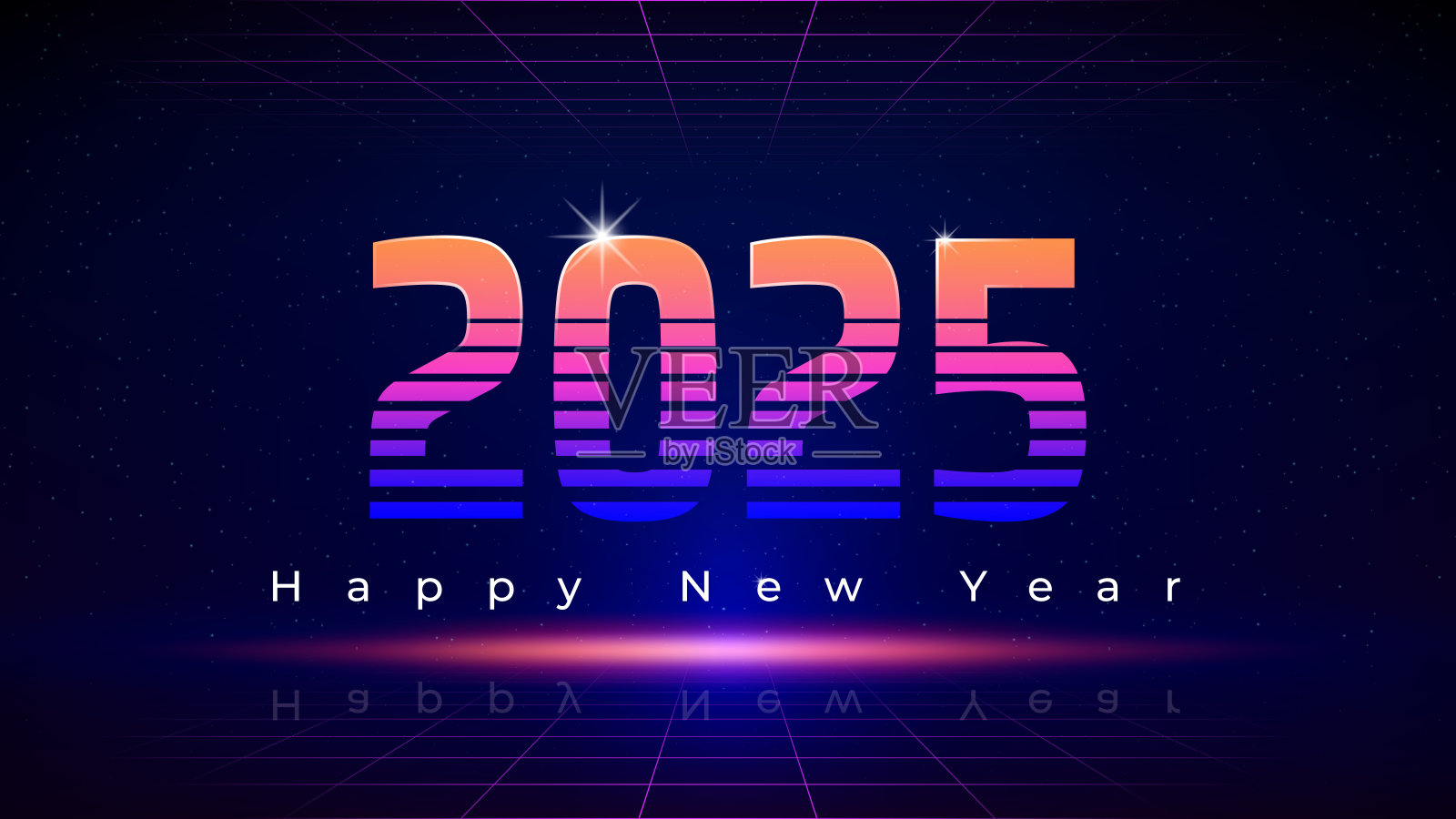 2025年快乐，新年贺卡。复古未来科技设计，80年代风格。霓虹色彩。橙色、紫色、洋红色的数字2025，星空背景，网格地面。矢量插图。插画图片素材