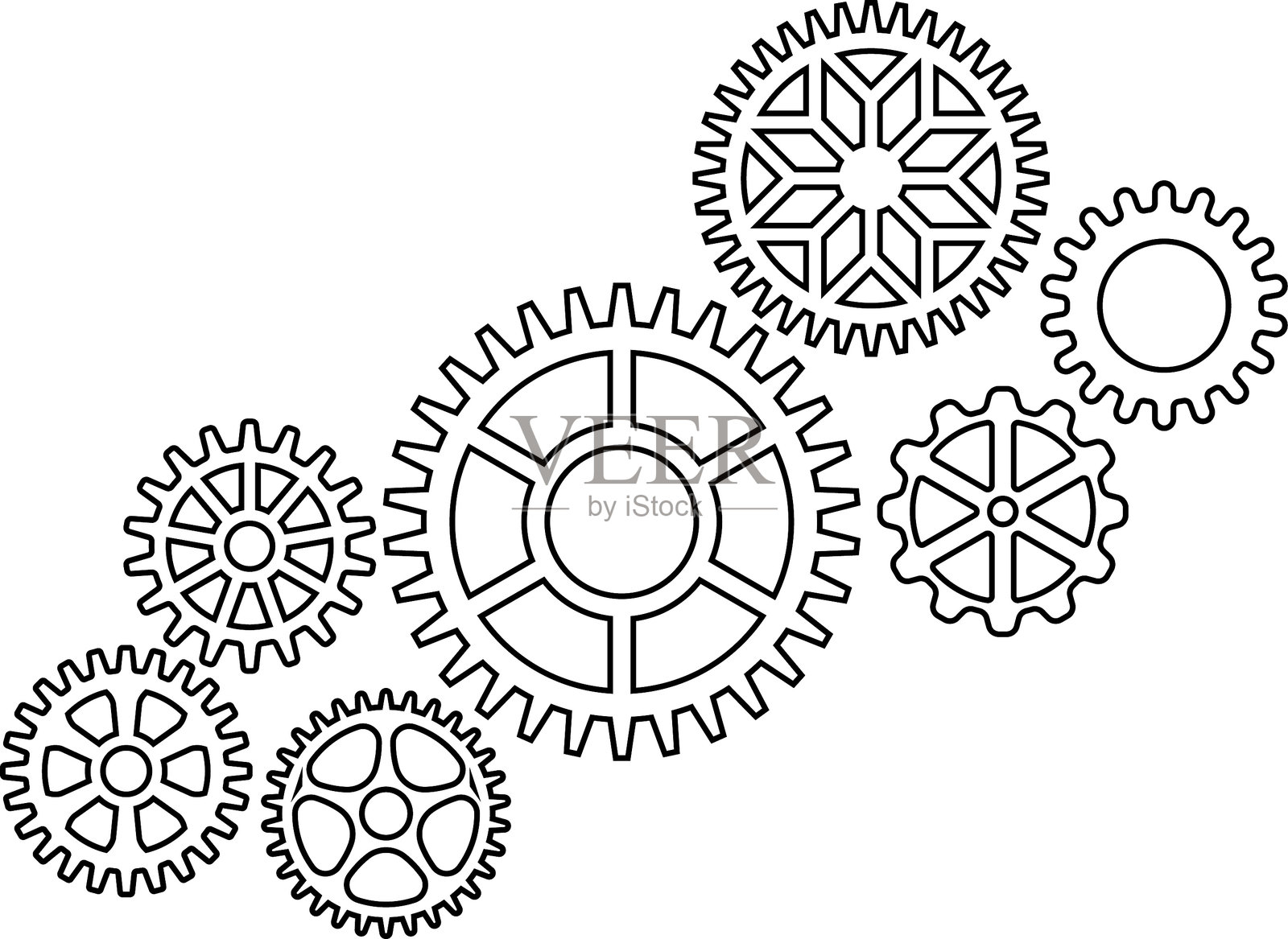 齿轮图标。齿轮，机械齿轮。不同形状的齿轮。白色背景上的齿轮轮子。矢量插图。插画图片素材