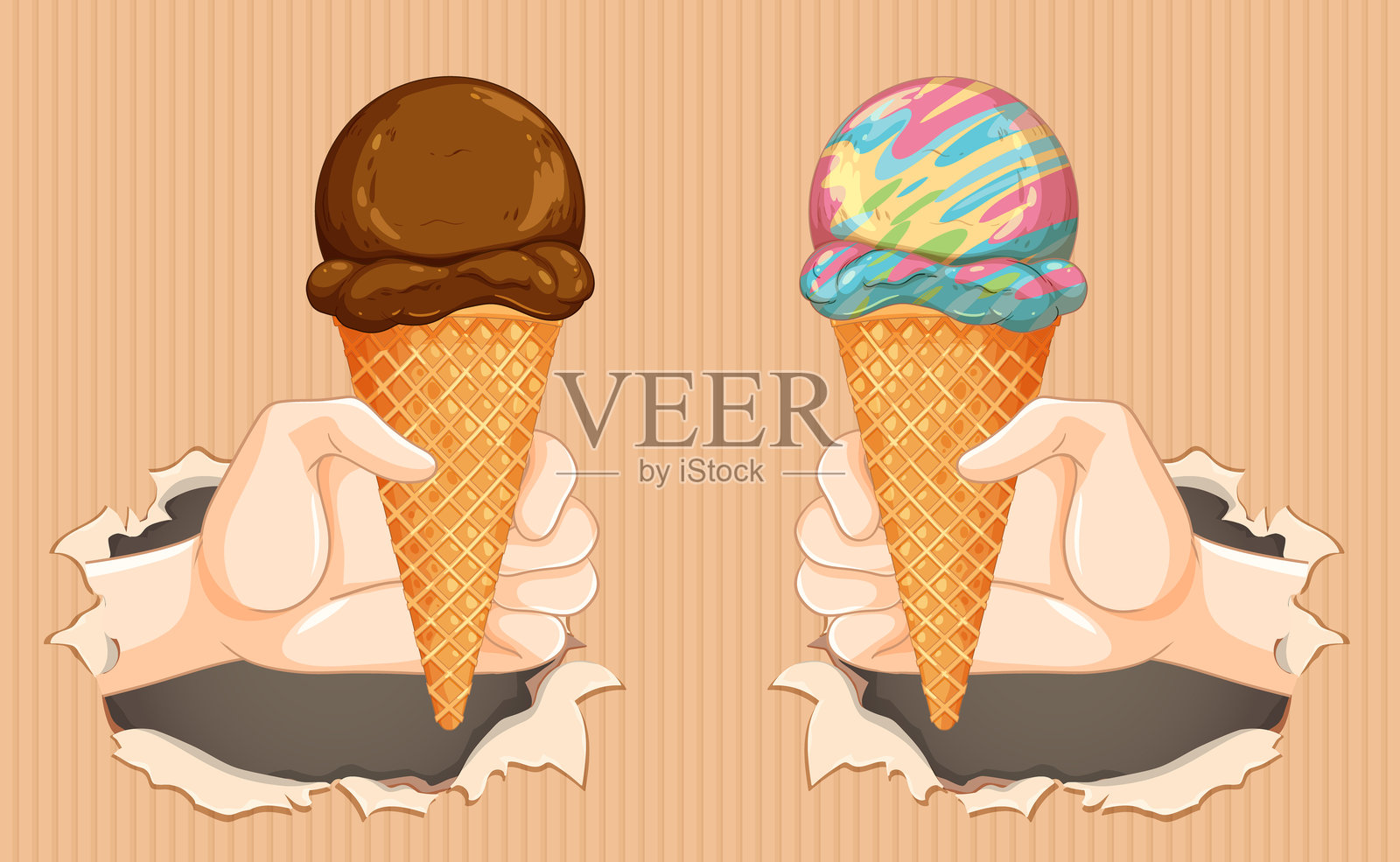 两只手握着巧克力和彩虹冰淇淋插画图片素材