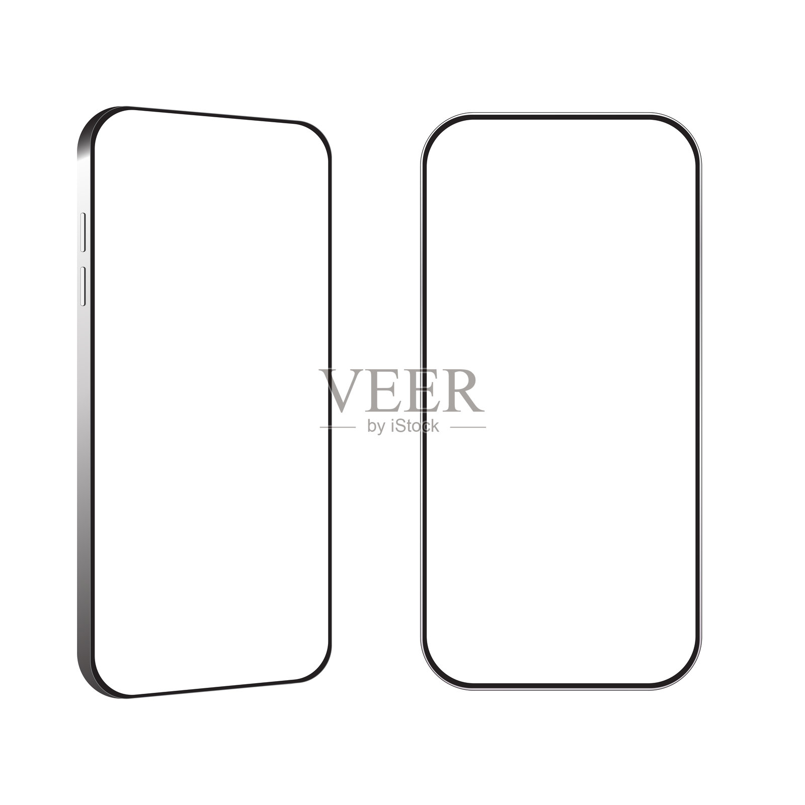两个智能手机轮廓并排显示，屏幕为空白白色。左侧手机略微倾斜，侧面可见按钮的轮廓。它们似乎是移动应用设计的模板。插画图片素材