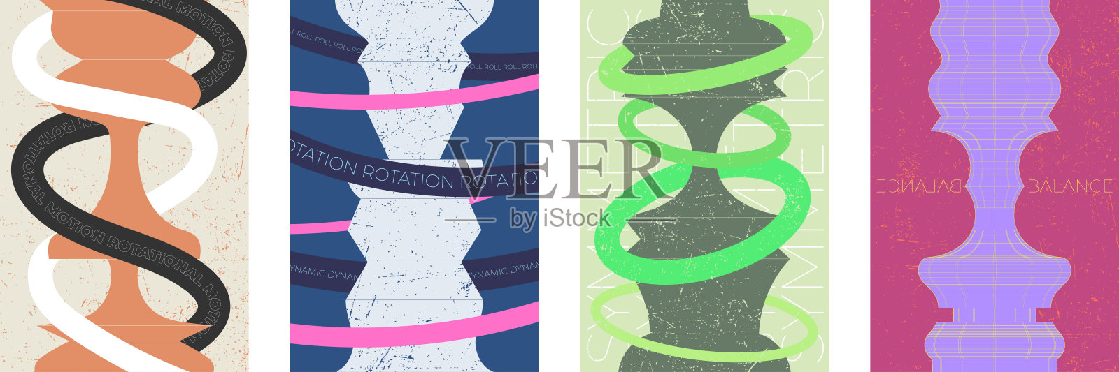 抽象生动的设计海报集。动态对称驱动的旋转元素。粗犷主义风格的复古横幅。节日或媒体极简封面。大胆的视觉运动。现代艺术印刷品。插画图片素材