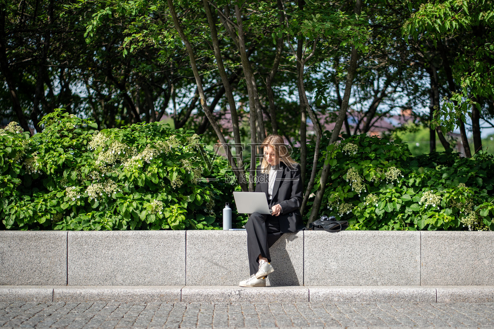 专注的女性自由职业者在公园的户外坐在灌木植物旁边使用笔记本电脑远程工作照片摄影图片