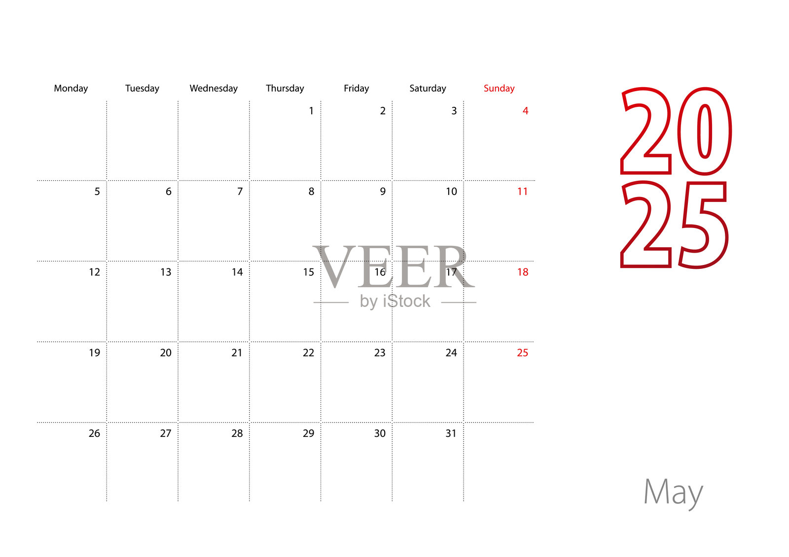 现代设计的2025年5月日历，计划模板。插画图片素材