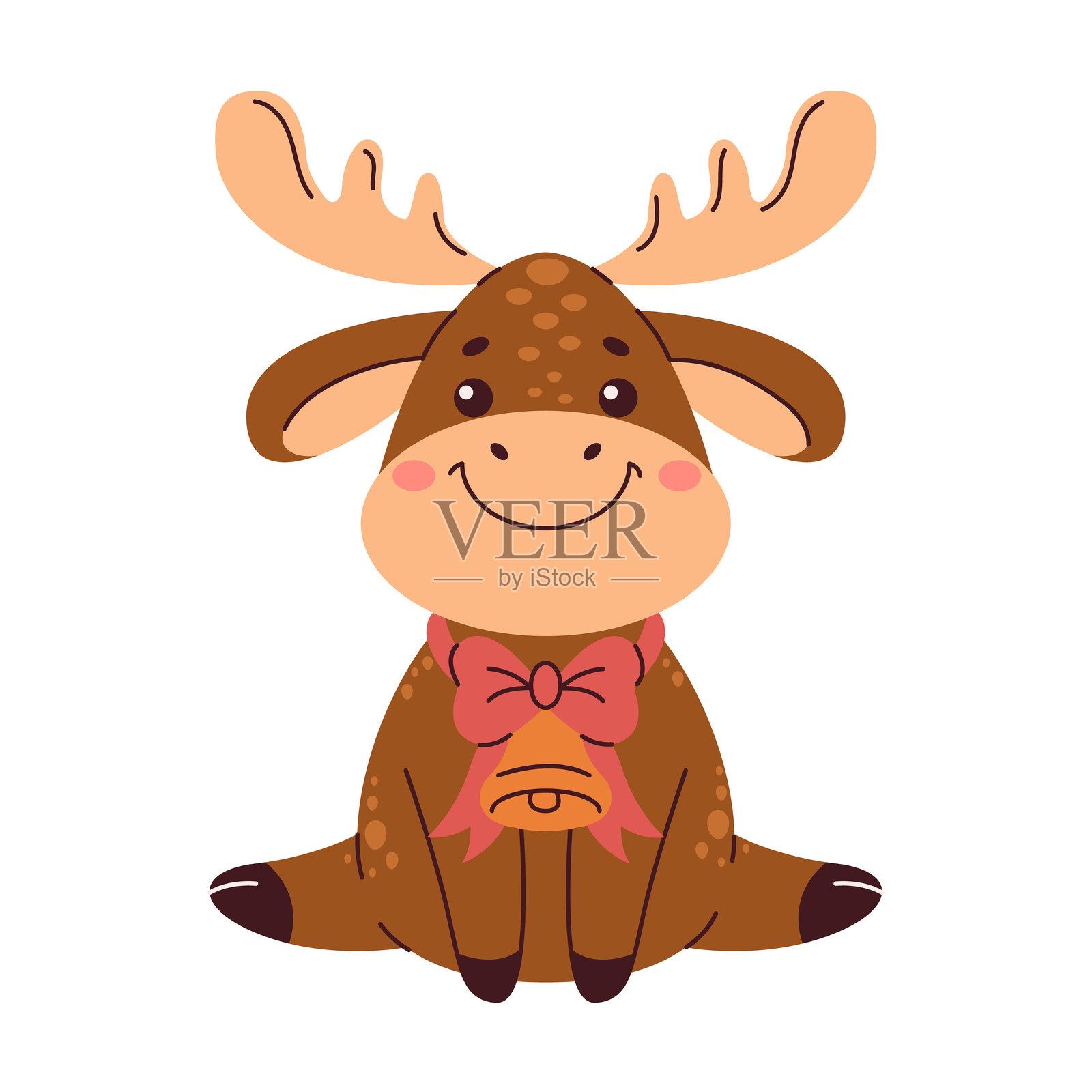 快乐的鹿脖子上挂着铃铛的平面色彩矢量角色插画图片素材