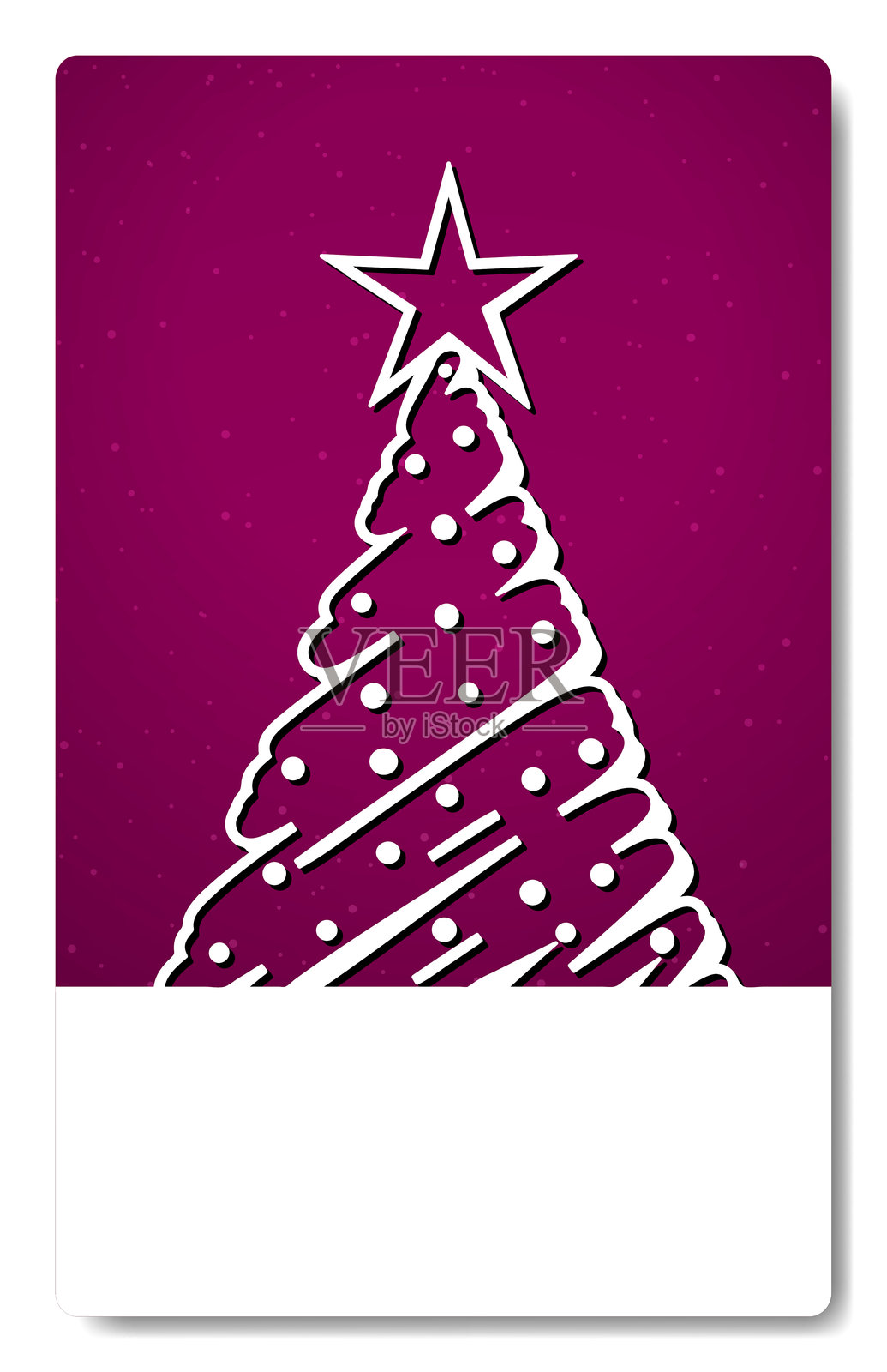 深紫色、梅子色、紫红色的垂直矢量背景，中央是一棵创意的白色抽象点状圣诞树，顶部有一颗明亮闪耀的星星树顶，背景是闪烁的雪花模糊效果，带有白色边框作为留白空间。插画图片素材