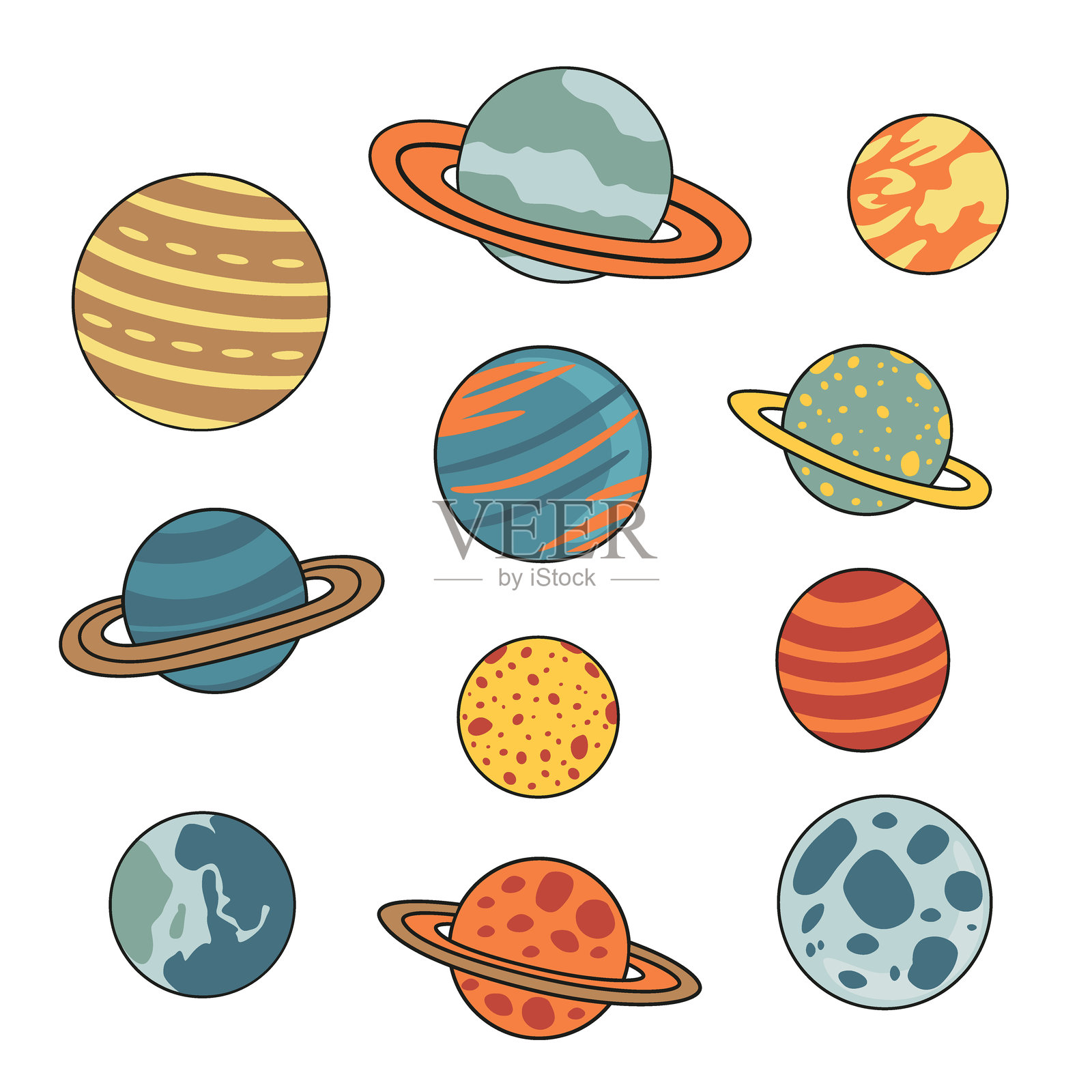 一组孤立的多彩行星插画图片素材