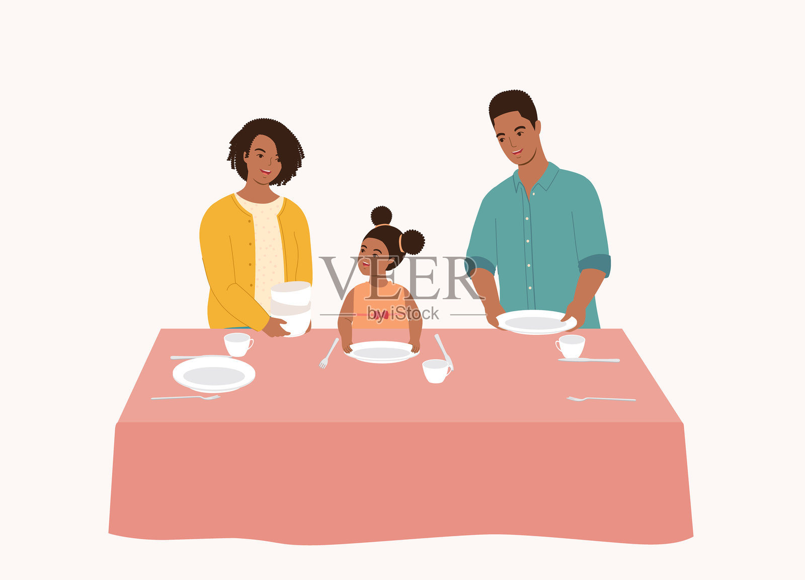 黑人家庭与女儿一起布置餐桌。插画图片素材