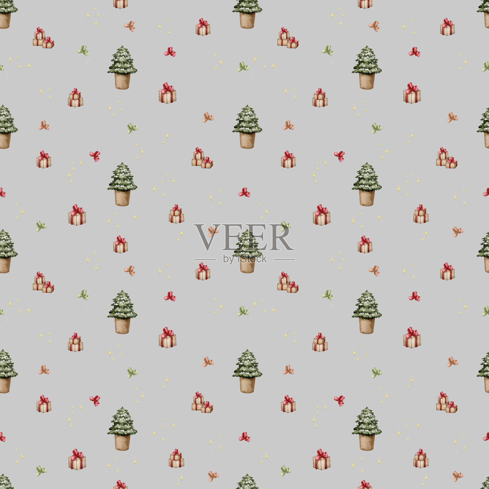 无缝圣诞图案，灰色背景上有圣诞树和礼物。圣诞节，新年，节日。手绘水彩装饰。适用于壁纸、卡片、包装纸和文具的设计。插画图片素材