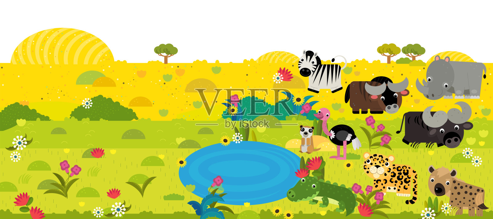 带有边框模板的卡通场景，描绘非洲动物和自然，如大象、猿、猫、猎豹、鸟、火烈鸟、鳄鱼、河马、土狼等，适合儿童的插图，留有文字空间。插画图片素材