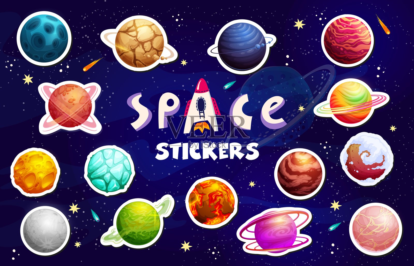 外星银河行星和星星的贴纸插画图片素材