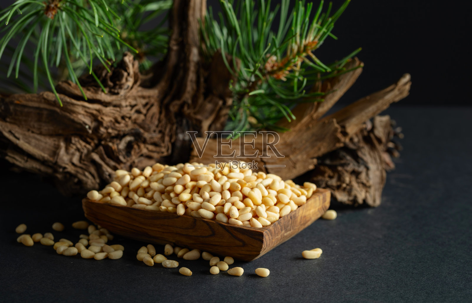 剥皮的松子与干燥的雪松树枝和绿色枝条。照片摄影图片