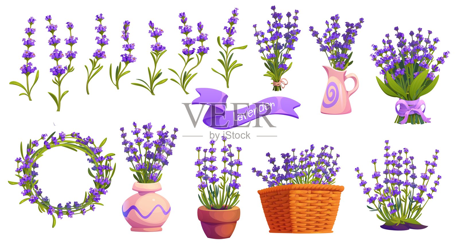 花盆中的薰衣草花，花环，花束插画图片素材