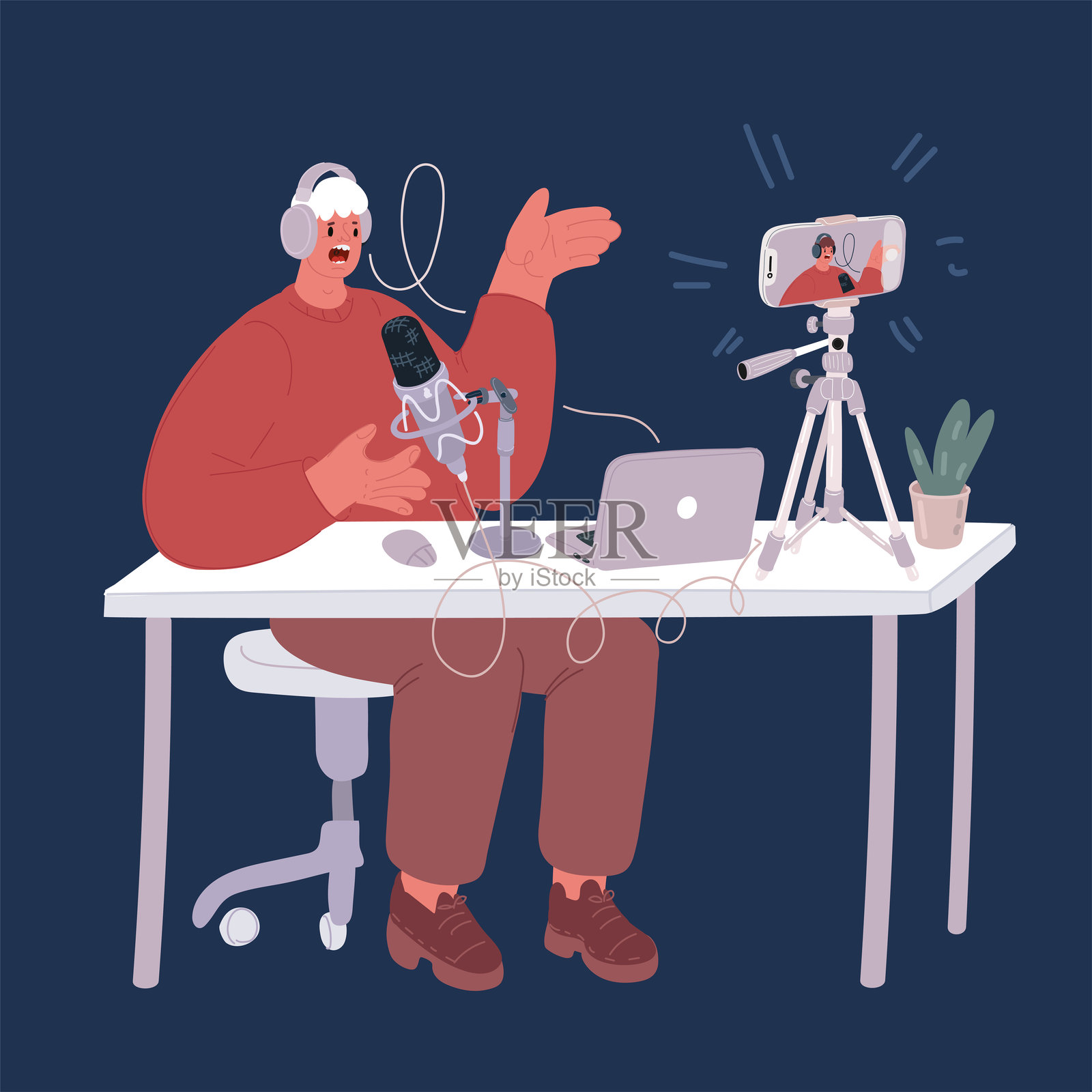 卡通矢量插图，商人戴着耳机在线学习，观看网络研讨会播客，使用笔记本电脑听取教育课程，参加会议通话，坐在工作桌前做笔记。插画图片素材