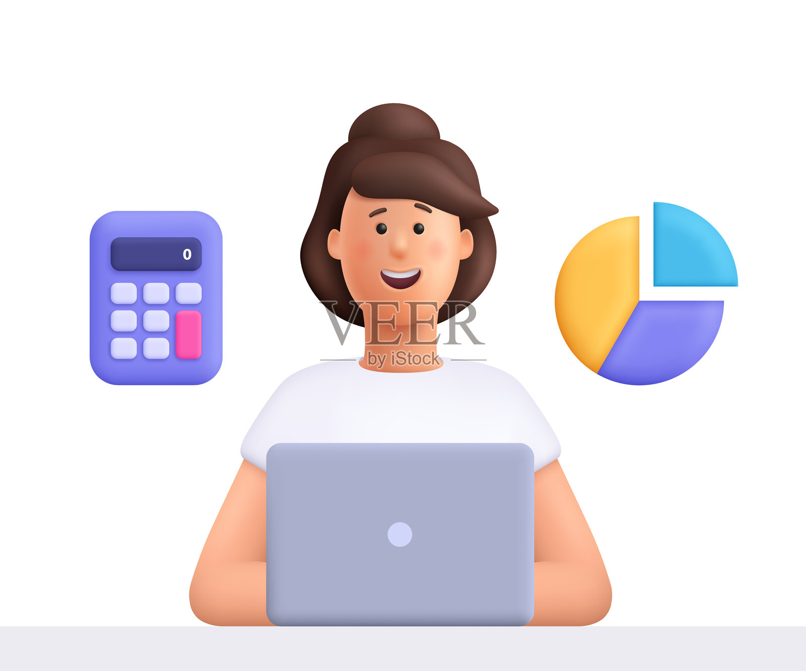 女性在计算器和图表旁使用笔记本电脑，进行财务研究。商业、金融、会计、税务和预算概念。3D矢量人物角色。卡通简约风格。插画图片素材