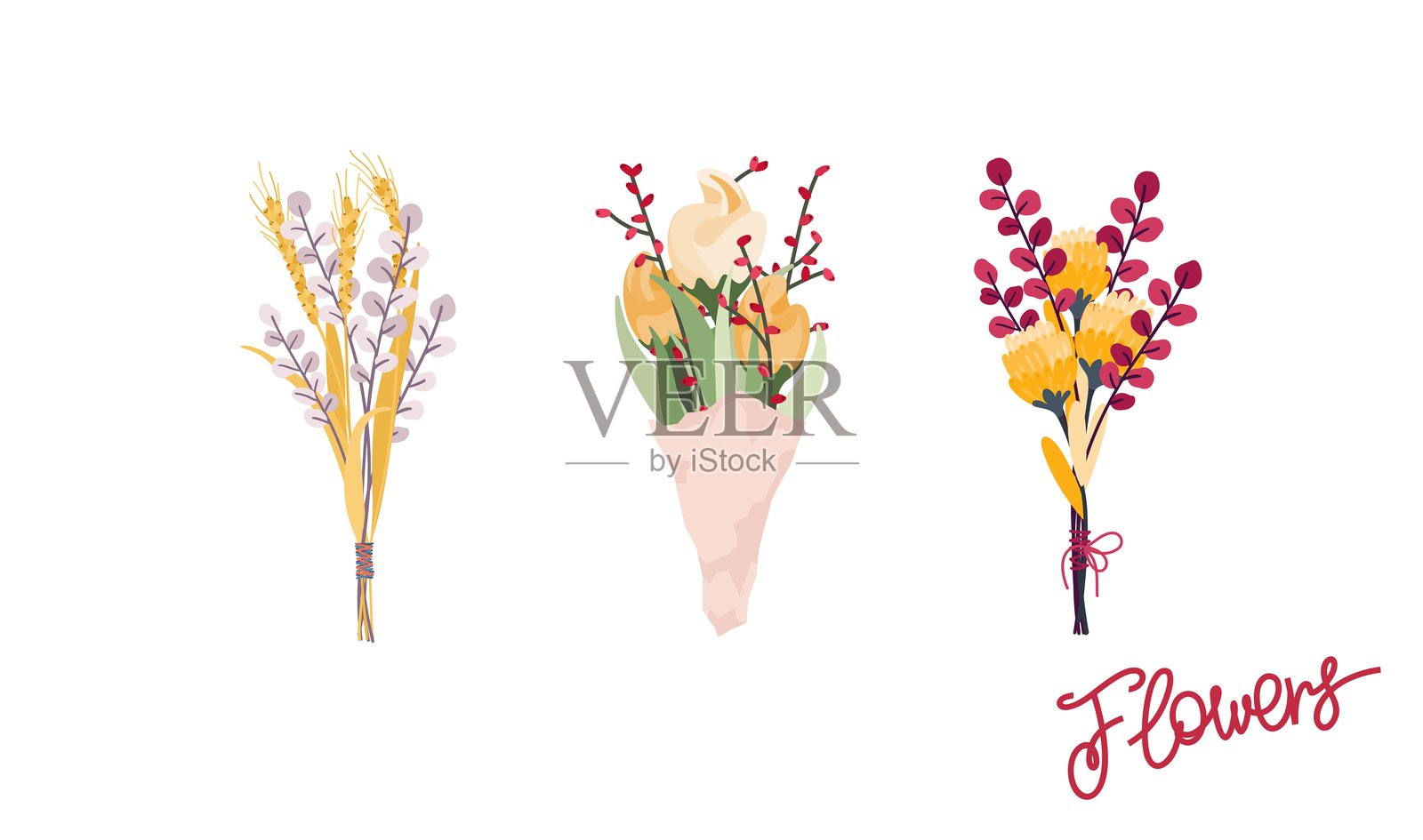 三束花的组合。不同的枝条、花朵、草和叶子的构成。现成的装饰模板。矢量艺术。插画图片素材