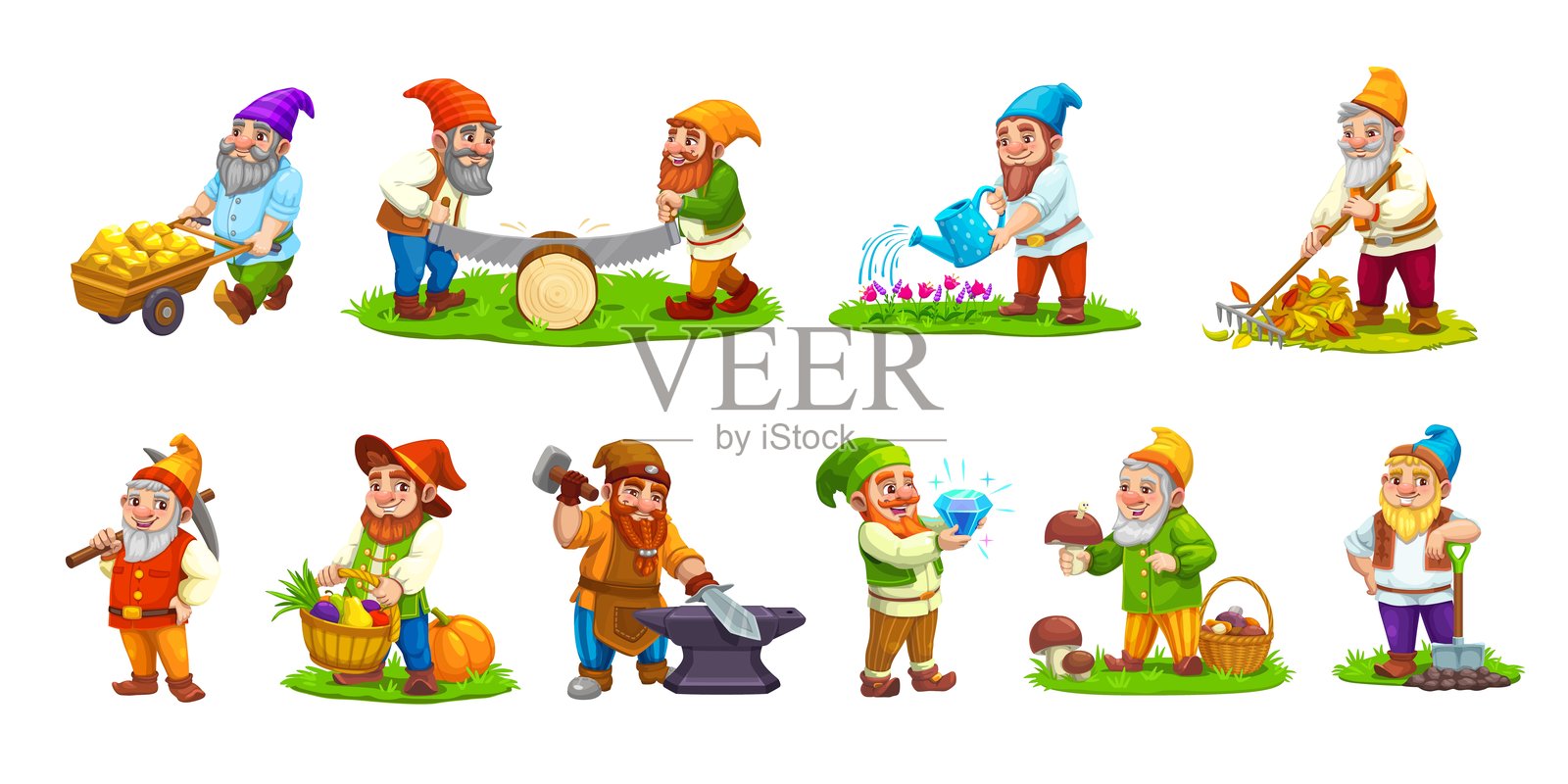 卡通侏儒角色，花朵，蘑菇插画图片素材